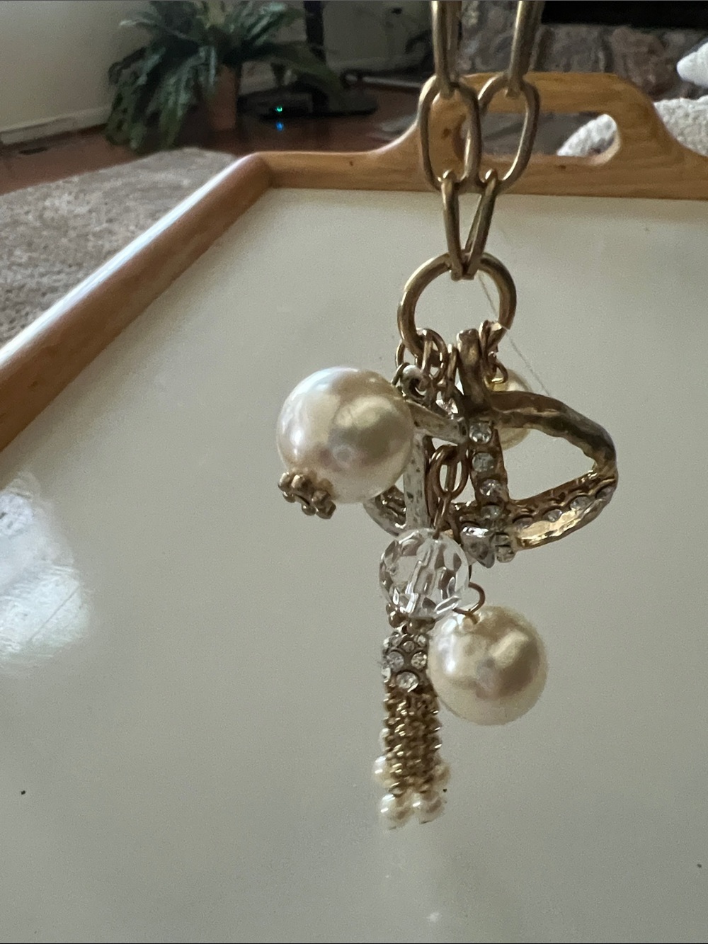 Gold Tone Pearl Drop Charm Necklace